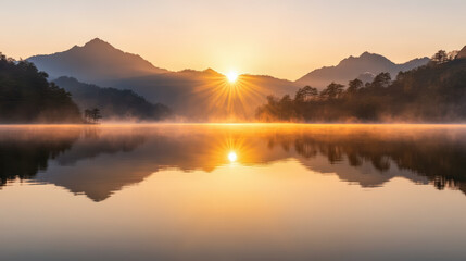 Fototapeta premium A tranquil sunrise casts golden light over a serene lake, with misty mountains mirrored perfectly in the calm water.