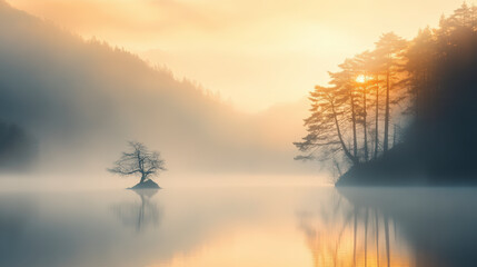 Fototapeta premium A serene, misty lake at sunrise with a solitary tree on an island and tall trees reflecting on the calm water's surface.