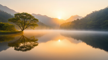 Fototapeta premium A serene sunrise over a misty lake surrounded by mountains and forest, with a lone tree perfectly reflected in the calm water.