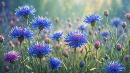 Fototapeta premium A vibrant illustration of a field of cornflowers in full bloom, with stems and buds