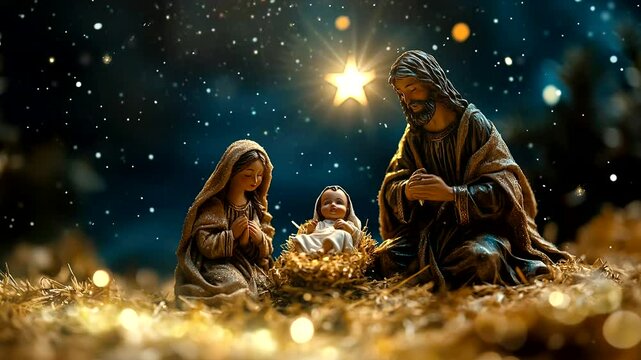 Snowy Nativity Scene. Peaceful Christmas Animation. 30 seconds loop.