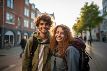 Fototapeta premium Young couple at outdoors with a student backpack
