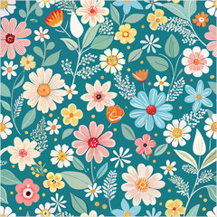 Colorful seamless flowers pattern, vector illustration hand-drawn  botany style, floral doodle background,minimal botanical art, funny basic nature shapes wallpaper.