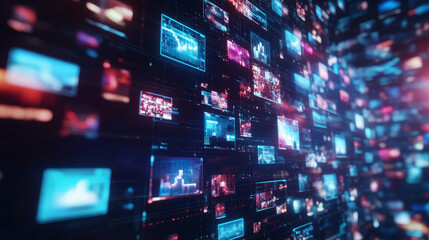 A dynamic digital collage with icons of social networks, streaming videos, and NFT symbols. Non-fungible token. Digital content concept.