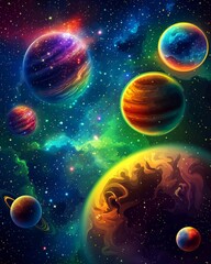 Naklejka premium A vibrant and colorful depiction of a cosmic landscape, featuring multiple planets and nebulae in a star-filled sky.