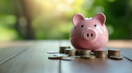 Piggy bank with coins on wood, green blur in background, ideal for designs with copy space