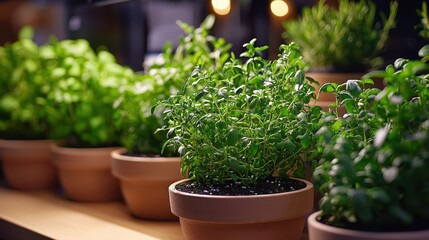 Fototapeta premium A row of potted plants with green leaves sit on a shelf