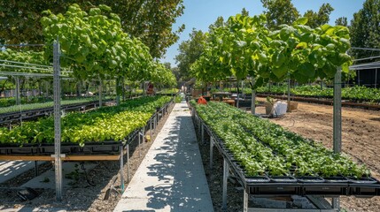 Fototapeta premium A row of plants are growing in a greenhouse