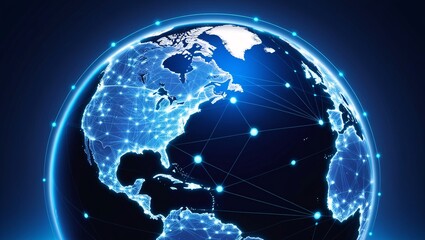 Fototapeta premium Futuristic Illustration of the Earth with Glowing Blue Network Lines, Highlighting Digital Connectivity Across the Americas, 3D Render