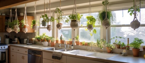 Fototapeta premium Kitchen Window Garden with Hanging Pots and Plants
