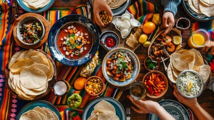A table full of Mexican food with people eating it