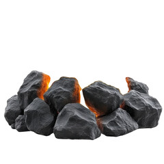 A pile of black rocks with a glowing orange hue, isolated on a white background.