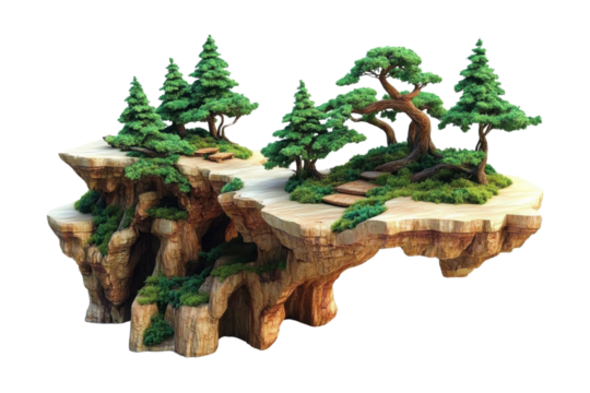 Beautiful rocky landscape with lush greenery and trees on a cliff, ideal for nature-themed designs.