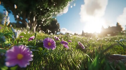 Obraz premium Pink Flowers in a Green Meadow with Bokeh Background