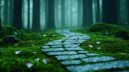 Fototapeta premium A path, winding through a surreal forest, its surface covered in textured moss and decaying leaves, leading to a destination shrouded in mystery, inviting the viewer to embark on a journey of