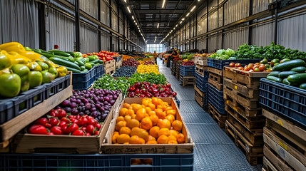 Pallets of fresh produce being loaded onto trucks in a food processing plant, farm-to-table distribution