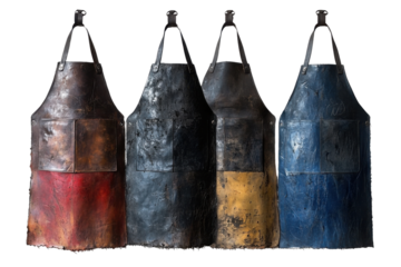 Set of four vintage leather aprons in different colors on white isolate background.
