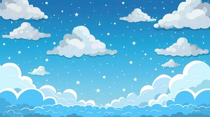 Adorable Cartoon Blue Sky and White Clouds Background: A Charming and Serene Scene. Enjoy the Whimsy