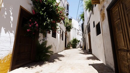 Naklejka premium Narrow Whitewashed Alleyway with Wooden Door and Pink Flowers in Morocco