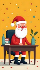Santa Claus enjoys his time at a decorated desk, preparing for the holiday season