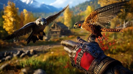 Obraz premium Falconry in Autumn Forest Bird of Prey Perched on Glove Wildlife Photography