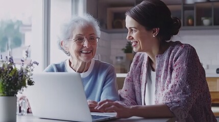 Bright room hosts technology lesson for senior woman.