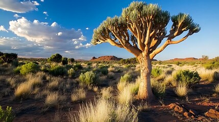 Fototapeta premium Quiver Tree in Desert Landscape with Clouds and Mountain Range