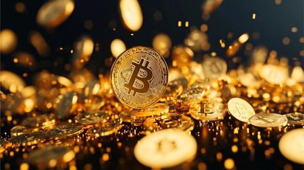 Legacy of Gold: A dazzling arrangement of shiny Bitcoin coins with a rich golden hue, symbolizing wealth and cryptocurrency, set against a dark backdrop.