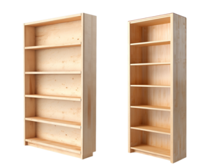 Two wooden bookshelves with multiple shelves, isolated on a white background.