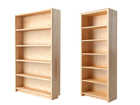 Two wooden bookshelves with multiple shelves, isolated on a white background.