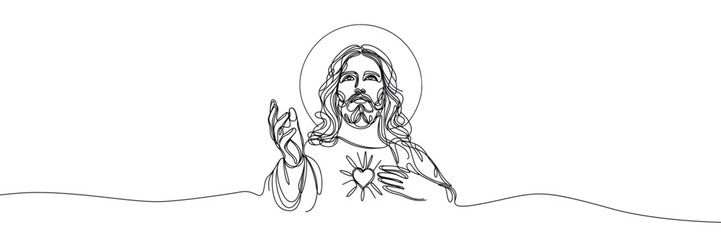 Vector linear image on white background, one line. Portrait of Jesus Christ with shining heart