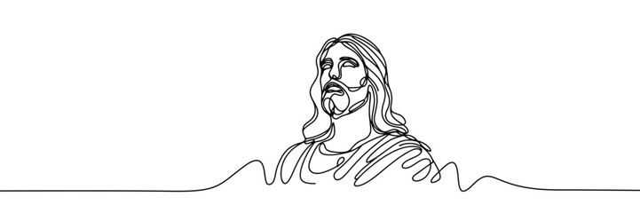 Vector linear image on white background, one line. Portrait of Jesus Christ 