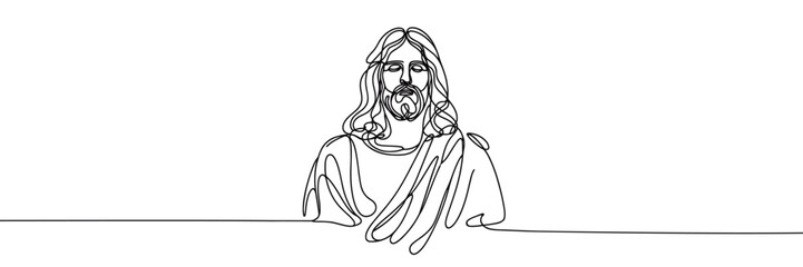 Vector linear image on white background, one line. Portrait of Jesus Christ 
