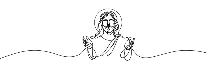Vector linear image on white background, one line. Jesus Christ with hands outstretched