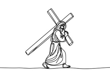 Vector linear image on white background, one line. Jesus Christ carrying the cross to Golgotha