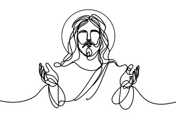 Vector linear image on white background, one line. Jesus Christ with hands outstretched