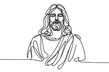 Vector linear image on white background, one line. Portrait of Jesus Christ 