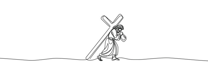 Vector linear image on white background, one line. Jesus Christ carrying the cross to Golgotha