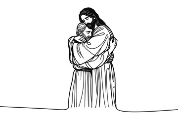 Vector linear image on white background, one line. Jesus embraces a man, Jesus embraces a sinner