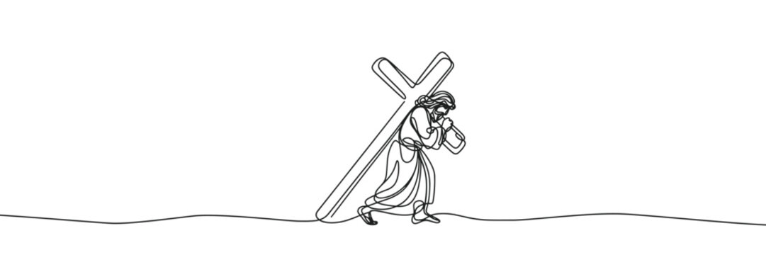 recommend clip art: Vector linear image on white background, one line. Jesus Christ carrying the cross to Golgotha