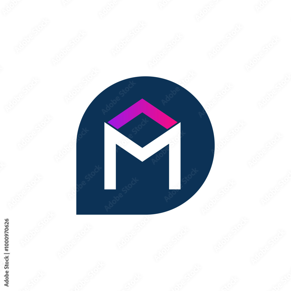 Poster bubble chat in blue and the letter m as envelope in purple gradient inside the bubble chat for the c