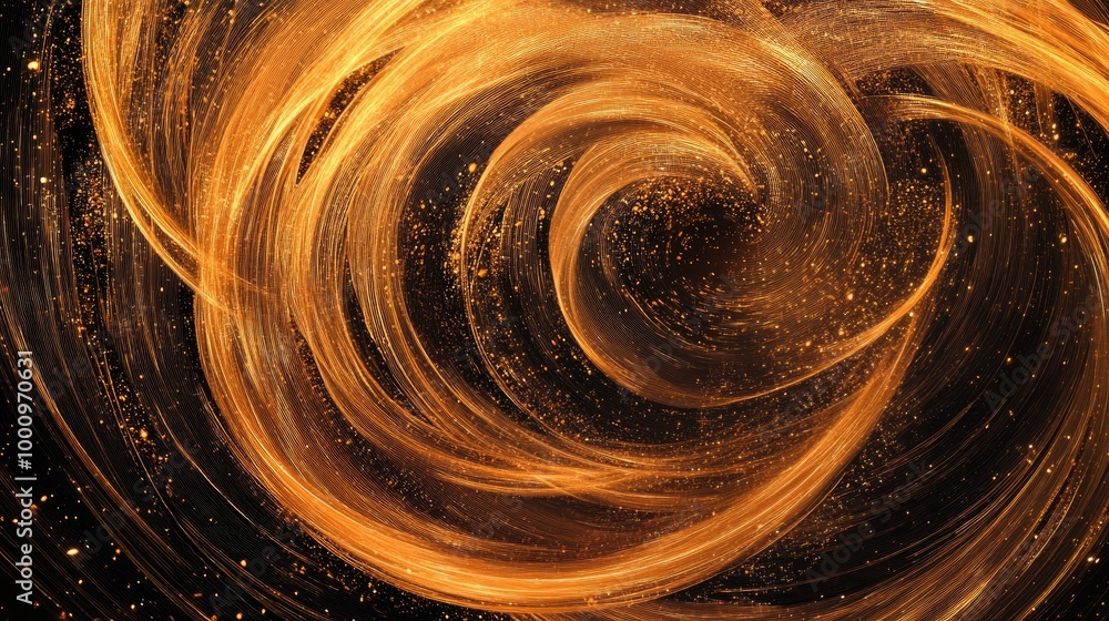 Poster golden-orange signs of economics growth swirl in dynamic trails, creating an abstract pattern on a d