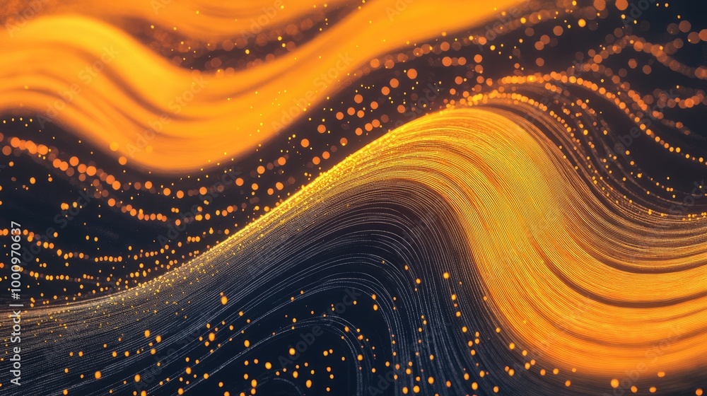 Poster golden-orange signs of economics growth swirl in dynamic trails, creating an abstract pattern on a d