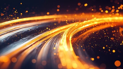 Fototapeta premium Golden-orange swirling trails representing economic growth form a stunning abstract pattern on a dark background, evoking success in an artistic display