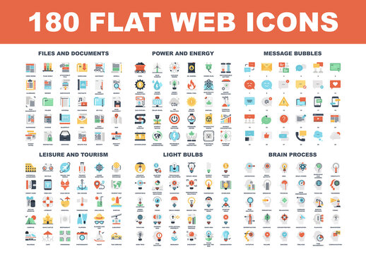 Vector set of 180 flat web icons on following themes - files and documents, power and energy, message bubbles, leisure and tourism, light bulbs, brain process
