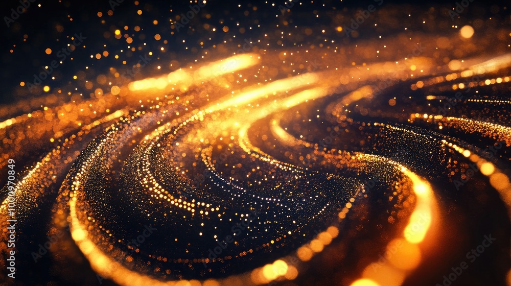 Poster mesmerizing golden-orange trails symbolizing economic growth swirl intricately, creating a captivati