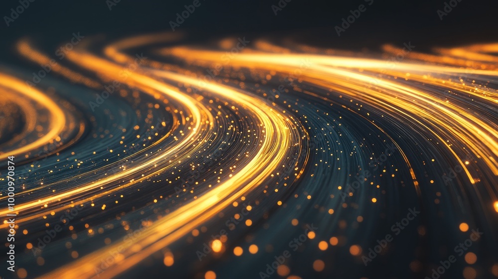Poster mesmerizing golden-orange trails symbolizing economic growth swirl intricately, creating a captivati
