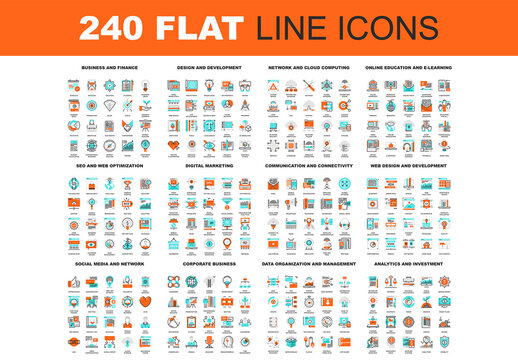 Vector set of 240 64X64 pixel perfect flat line web icons. Fully editable and easy to use.