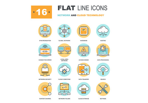 Abstract vector collection of flat line networking and cloud technology icons. Elements for mobile and web applications.