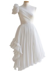 Fototapeta premium White Pleated One Shoulder Dress with Ruffles.